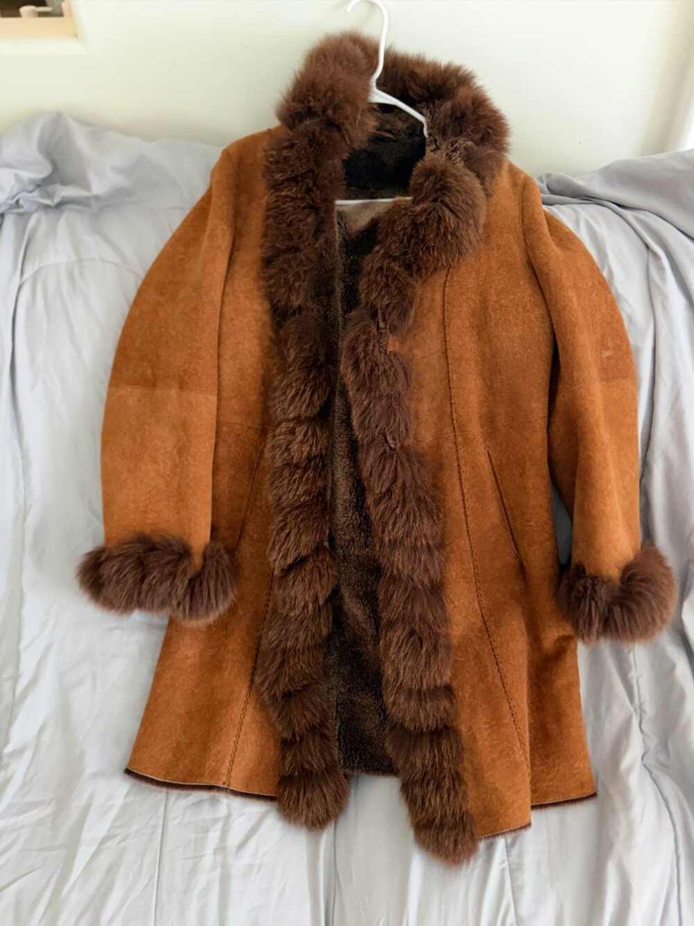 Autunno Shearings Brown Suede Shearling Coat Fox Fur Trim Size M Made in Italy
